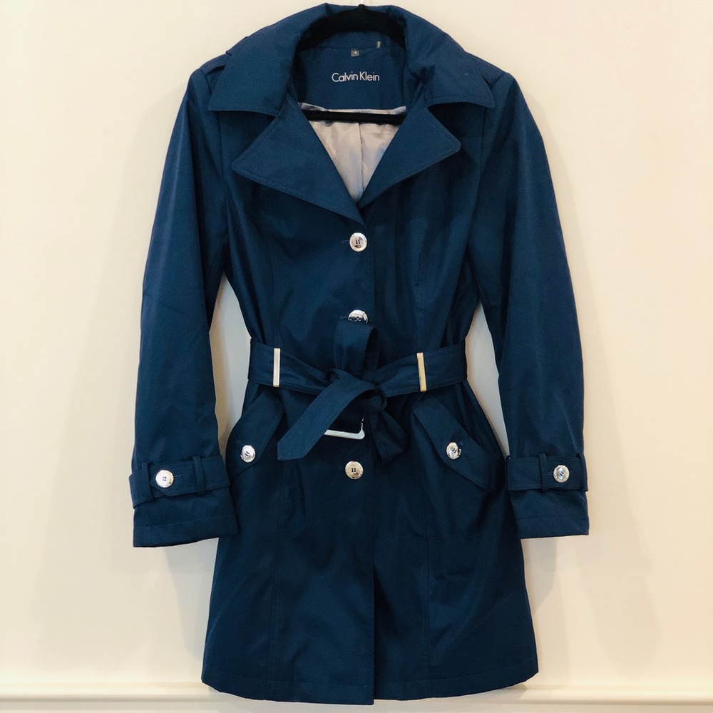Calvin Klein navy trench with hood
